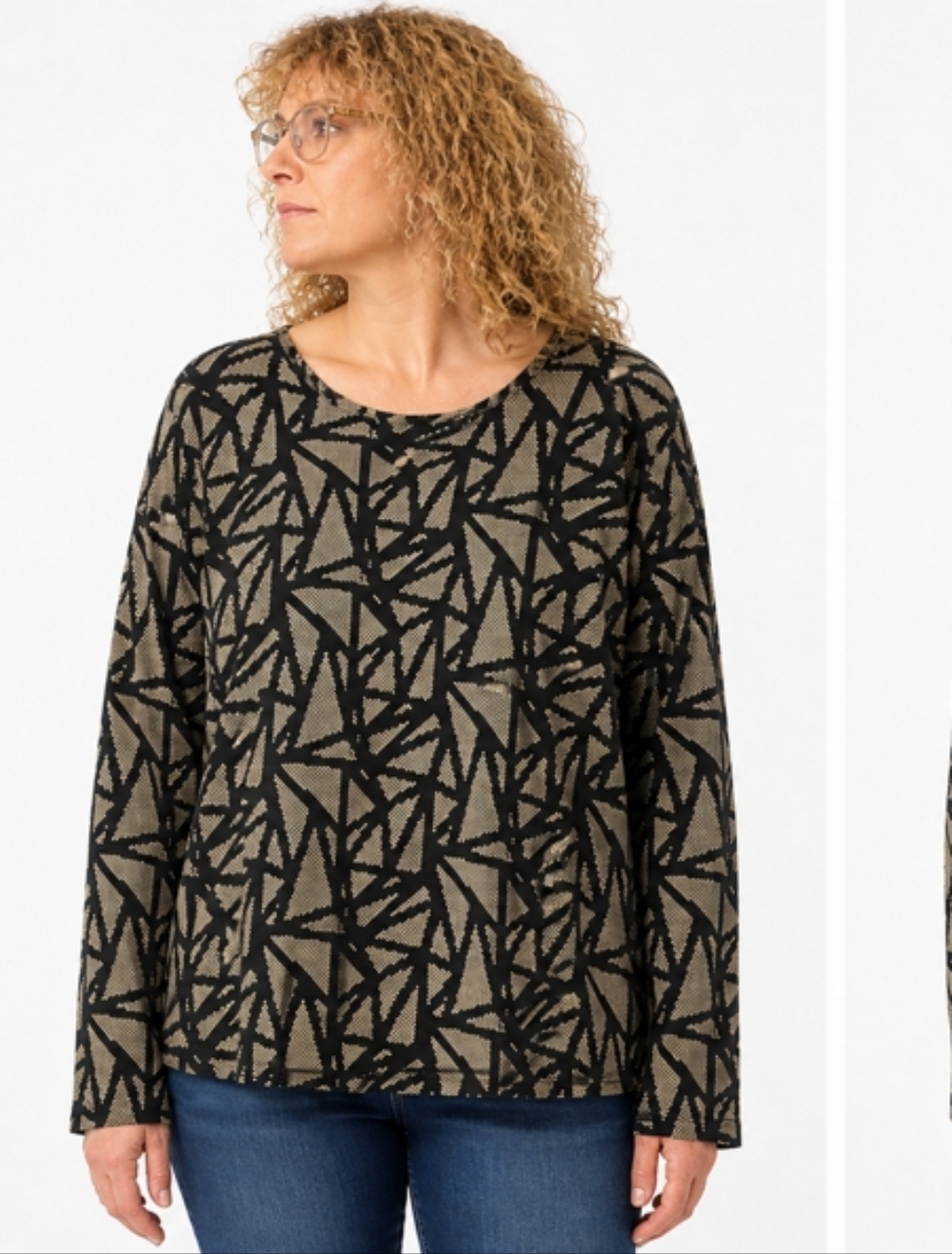 Westbound Black & Cream Geometric V-Neck Long Sleeve Top 2X